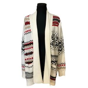LOFT Fair Isle Open Front Cardigan Sweater Size M Ivory Red Black